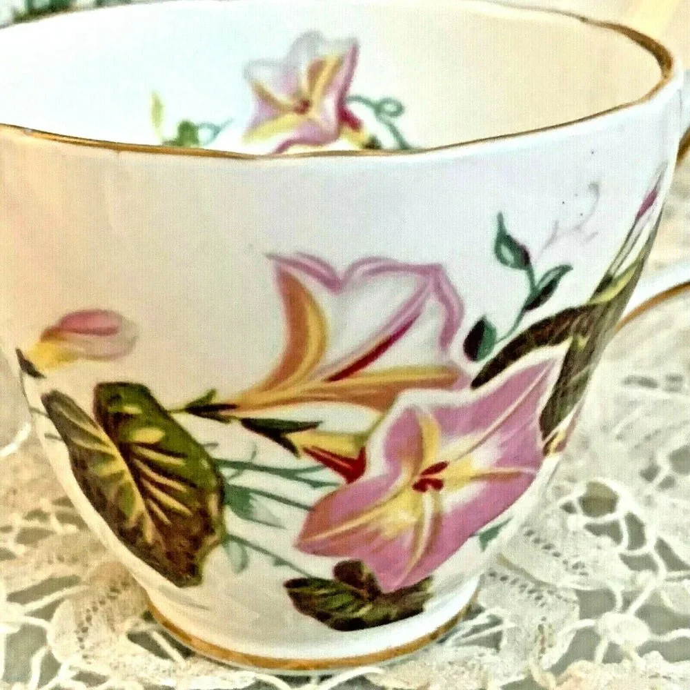 Bone China Tea Cup Saucer Morning Glory Pink Floral Regency England